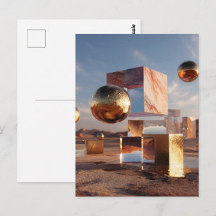 Surrealistische geometrische compositie met gouden briefkaart