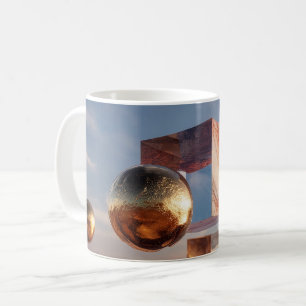 Surrealistische geometrische compositie met gouden koffiemok