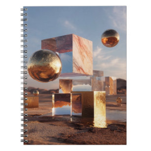Surrealistische geometrische compositie met gouden notitieboek