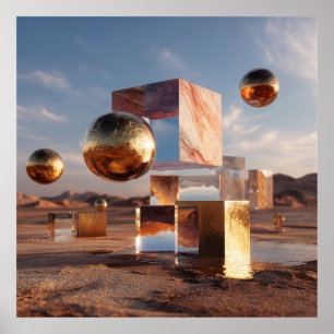 Surrealistische geometrische compositie met gouden poster
