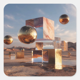 Surrealistische Geometrische Compositie Met Gouden Vierkante Sticker