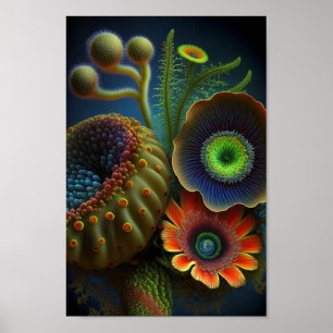 Surrealistische gloeiende fantasiebloemen poster