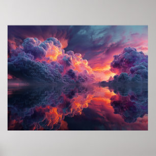 Surrealistische gloeiende zonsondergang wolken wee poster