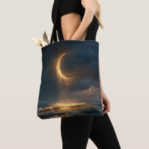 Surrealistische gouden halvemaan boven de oceaan draagtas