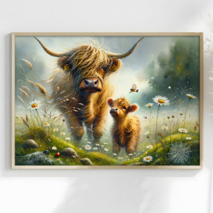 Surrealistische Highlander Koe met Calf Fantasy La Poster