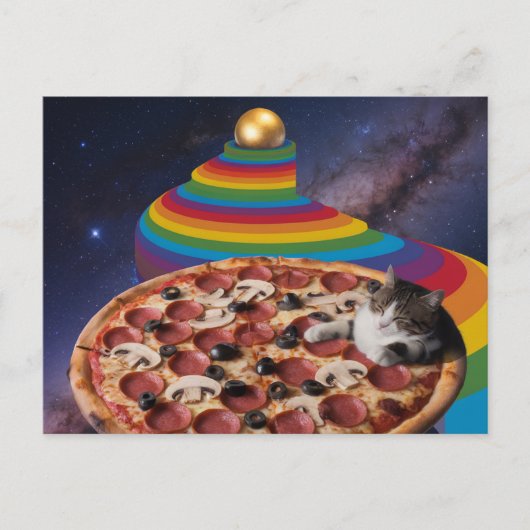 Surrealistische kat die op een pizza slaapt briefkaart (Voorkant)