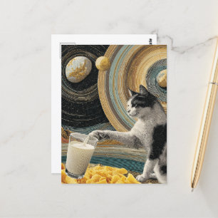 Surrealistische kat met melk in de ruimte briefkaart