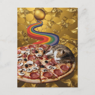 Surrealistische kat op een pizza gouden regenboog  briefkaart