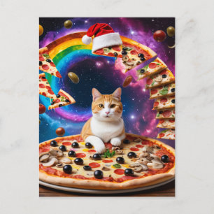 Surrealistische kat op een vliegende pizza Feestel Briefkaart