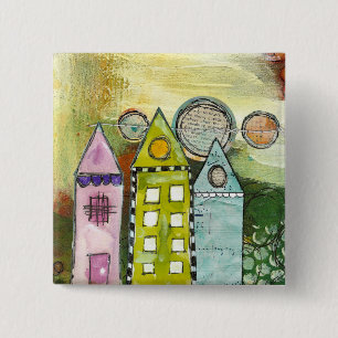 surrealistische knop 'drie huizen' vierkante button 5,1 cm