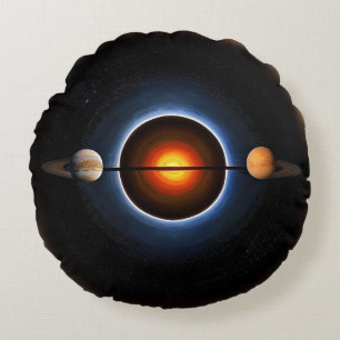 Surrealistische kosmische illustratie met planeten rond kussen