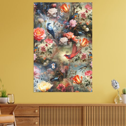 Surrealistische kunst met bloemen en vogels Canvas (Insitu (Woonkamer))