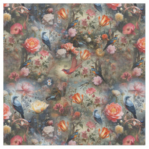 Surrealistische kunst met bloemen & vogels stof