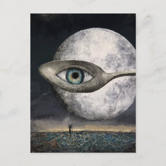 Surrealistische maan en lepel met oogbalcollage briefkaart