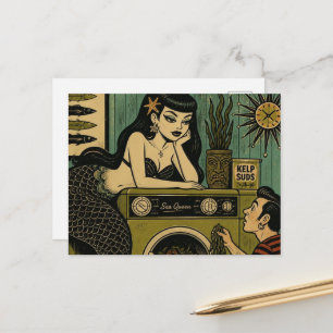 Surrealistische middeleeuwse zeemeermin wasdag briefkaart