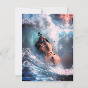 Surrealistische muzikant speelt cello tussen oceaa briefkaart