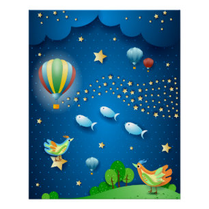 Surrealistische nacht met ballonnen en sterrengolf perfect poster