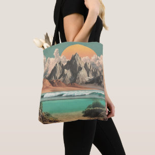 Surrealistische oceaan- en berglandschap met golve draagtas