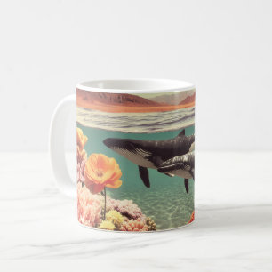 Surrealistische oceaan scène met walvissen en kora koffiemok