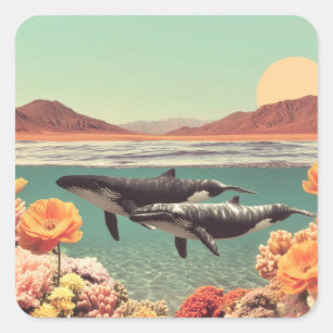 Surrealistische oceaanscène met walvissen en koraa vierkante sticker