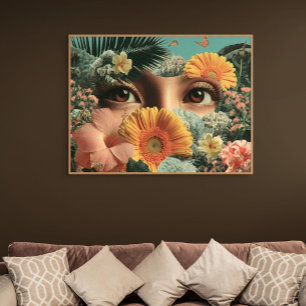 Surrealistische ogen en bloemen met vlinders canvas afdruk