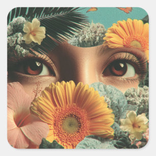 Surrealistische ogen en bloemen met vlinders vierkante sticker