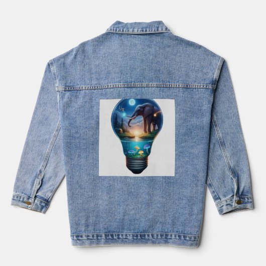 Surrealistische Olifantenwereld Binnenin een Licht Denim Jacket (Achterkant)