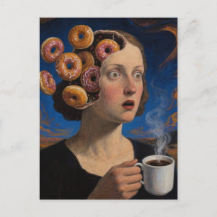Surrealistische ontbijtdonuts en een koffievrouw briefkaart