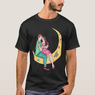 Surrealistische paar kunst zittend op de maan t-shirt