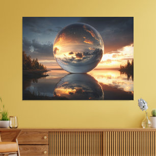 Surrealistische reflecterende bol met wolken bij z canvas afdruk