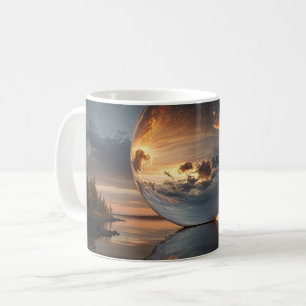 Surrealistische reflecterende bol met wolken bij z koffiemok