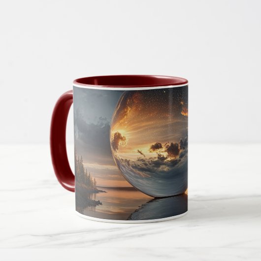 Surrealistische reflectieve bol met zonsondergangs mok (Voorkant links)