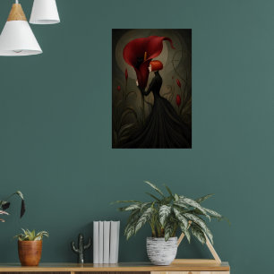 Surrealistische Rode Calla Lelie Vrouw Zwarte Kat Poster