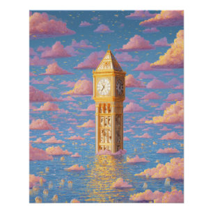 Surrealistische roze lucht droom klokkentoren kuns perfect poster