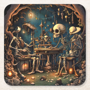 Surrealistische skeletten III Vierkante Kartonnen Onderzetter