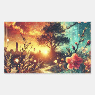 Surrealistische Sunset en Floral Skyline kunstwerk Rechthoekige Sticker