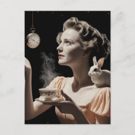 Surrealistische theetijd met konijn briefkaart