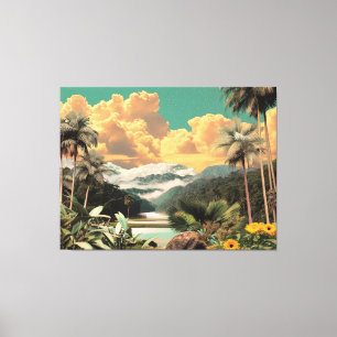 Surrealistische tropische vallei met palmbomen canvas afdruk