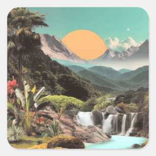 Surrealistische Tropische Vallei Met Watervallen Vierkante Sticker