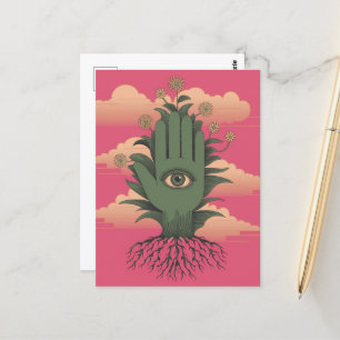 Surrealistische tuinders groene hand met bloemen briefkaart