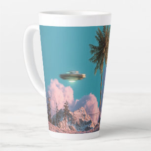 Surrealistische UFO- en palmbomen berglandschap Latte Mok
