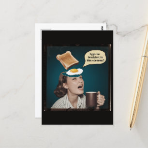 Surrealistische vrouw, eieren voor ontbijt in deze briefkaart