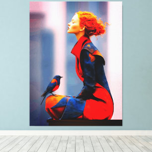 Surrealistische vrouw en vogel Elegant rood haar F Canvas Afdruk