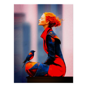 Surrealistische vrouw en vogel Elegant rood haar F Perfect Poster