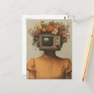Surrealistische vrouw met tv-hoofd en bloemen briefkaart