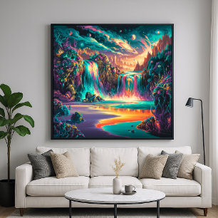Surrealistische watervallen - kleurrijke illustrat poster