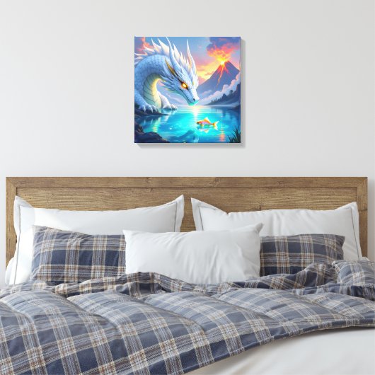 Surrealistische witte draak en gouden vis canvas afdruk (Insitu (Slaapkamer))