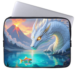 Surrealistische witte draak en gouden vis laptop sleeve