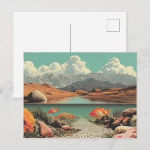 Surrealistische woestijn en meer met goudvissen briefkaart