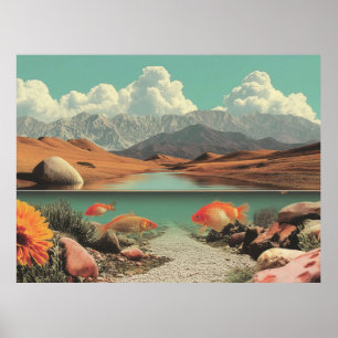Surrealistische woestijn en meer met goudvissen poster